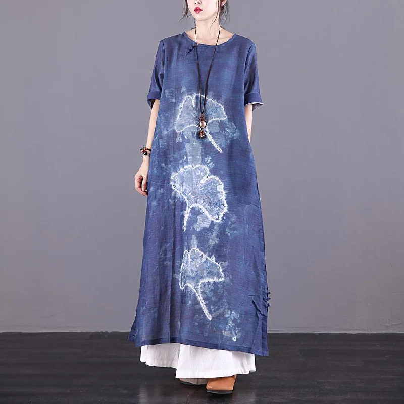 Modern navy print linen dresses Button Down pockets Plus Size summer Dress