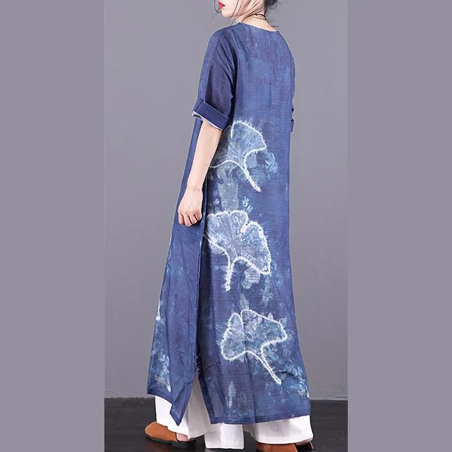 Modern navy print linen dresses Button Down pockets Plus Size summer Dress