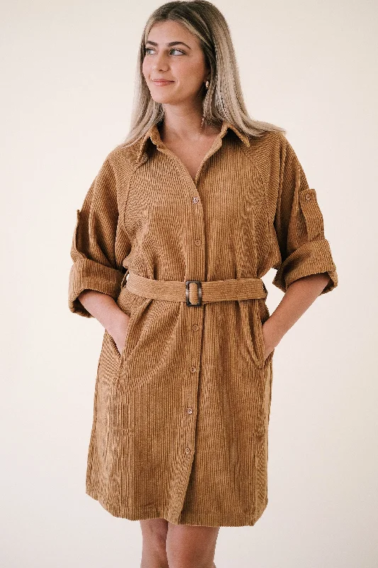 Molly Bracken Chelsea Bronze Corduroy Belted Mini Dress (S)