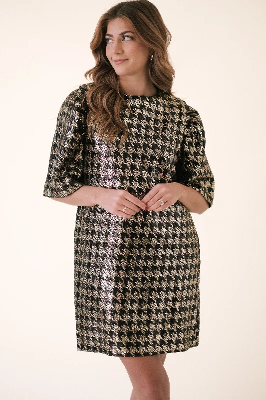 Molly Bracken Heidi Sequined Houndstooth Puff Sleeve Mini Dress