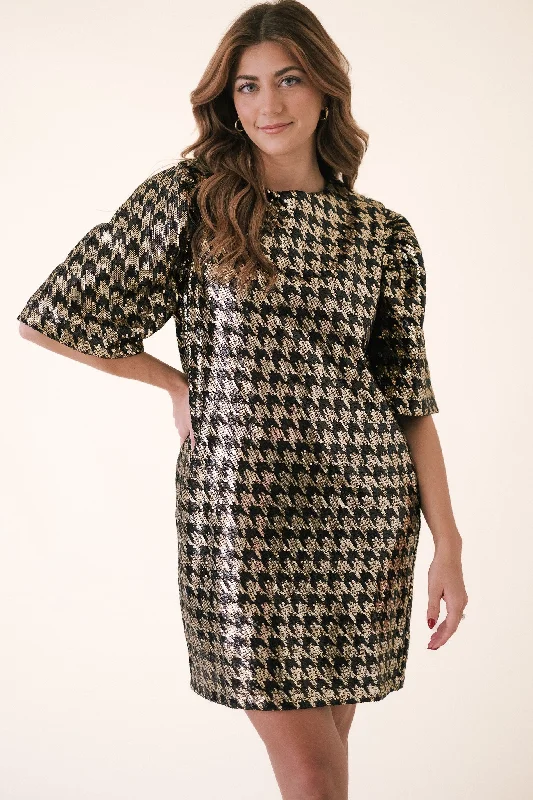 Molly Bracken Heidi Sequined Houndstooth Puff Sleeve Mini Dress