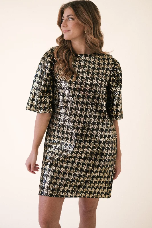 Molly Bracken Heidi Sequined Houndstooth Puff Sleeve Mini Dress