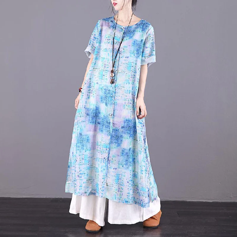 Natural o neck Button Down linen clothes For Women Photography blue print Dress summer