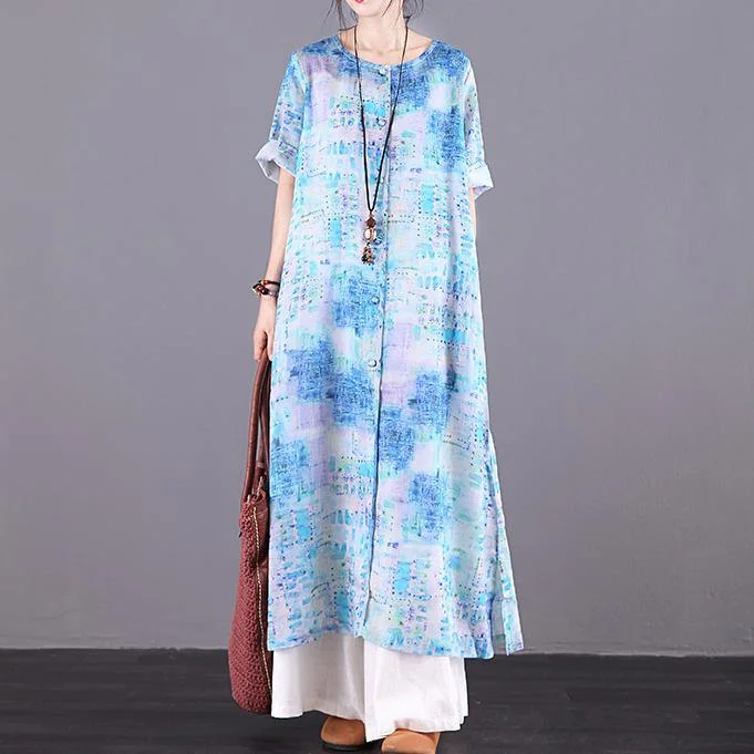 Natural o neck Button Down linen clothes For Women Photography blue print Dress summer