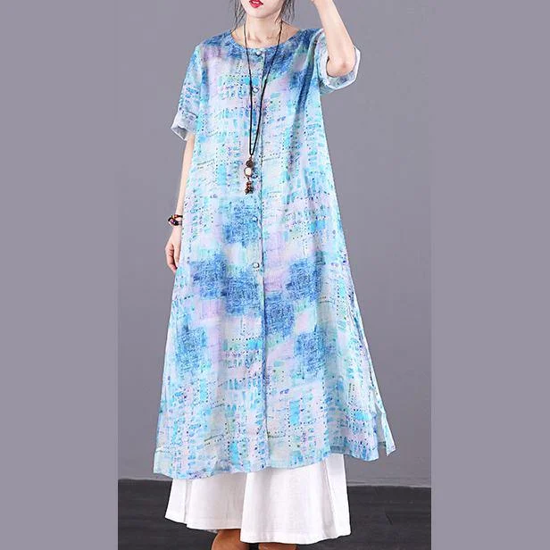 Natural o neck Button Down linen clothes For Women Photography blue print Dress summer