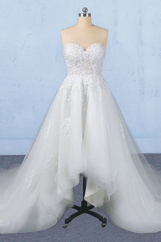 Off White Sweetheart High Low Tulle Appliques Wedding Dresses with Train N2346