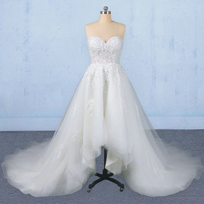 Off White Sweetheart High Low Tulle Appliques Wedding Dresses with Train N2346