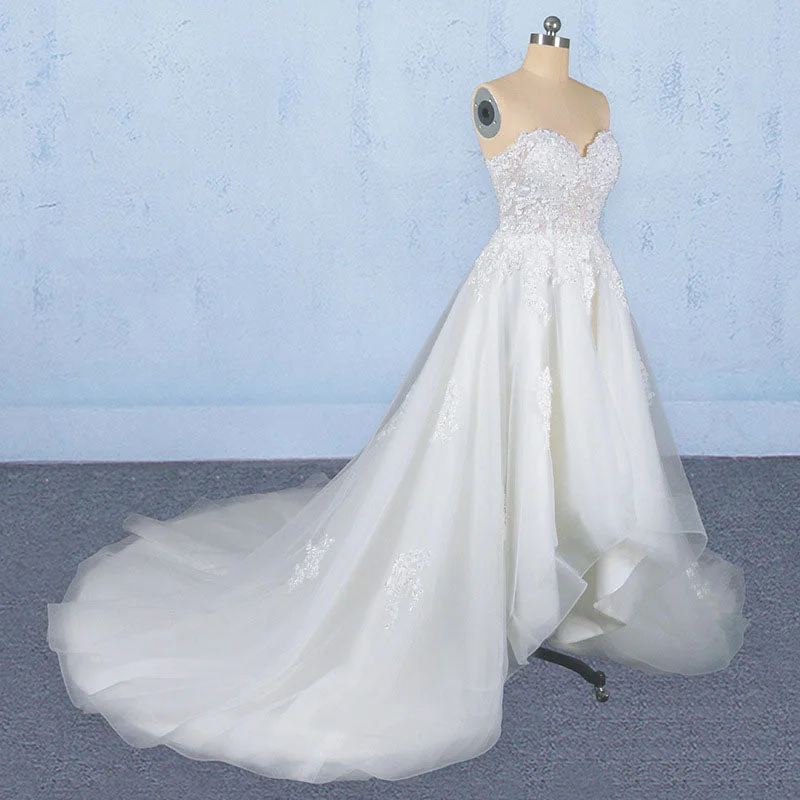 Off White Sweetheart High Low Tulle Appliques Wedding Dresses with Train N2346