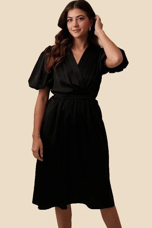 PINCH Ariana Black Cinch Waist Satin Midi Dress