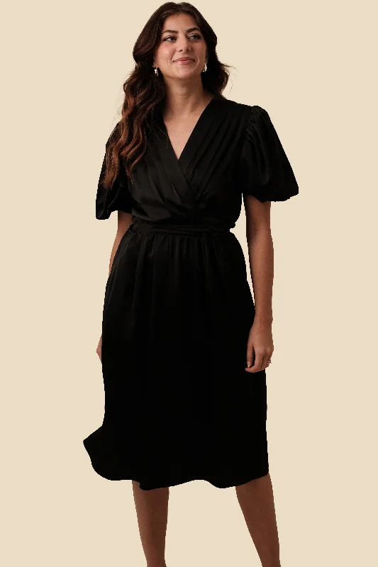 PINCH Ariana Black Cinch Waist Satin Midi Dress