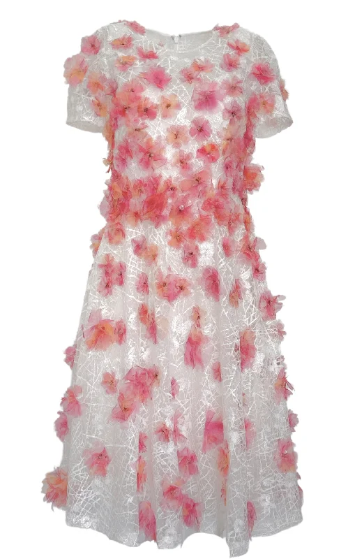 Pink Floral-appliqued Lace Midi Dress