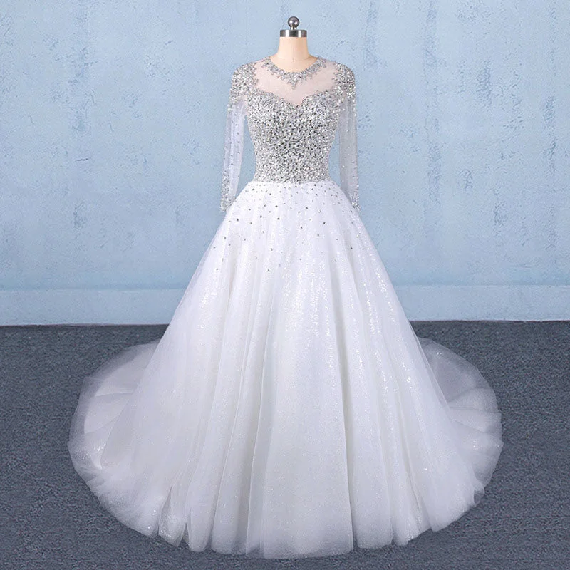 Puffy Long Sleeves Tulle White Wedding Dresses Shiny Long Bridal Dresses N2345