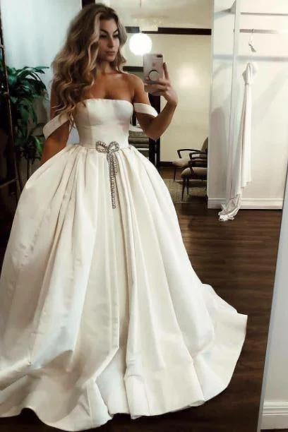 Puffy Off the Shoulder Satin Long Wedding Dresses with Pockets Bridal Dresses N2095