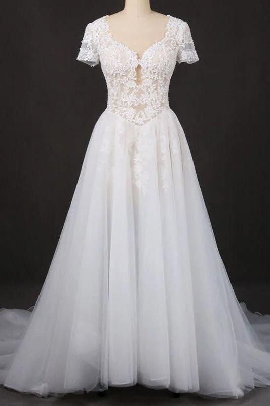 Puffy Short Sleeves Tulle Bridal Dresses with Lace Appliques Long Train Wedding Dresses N2294