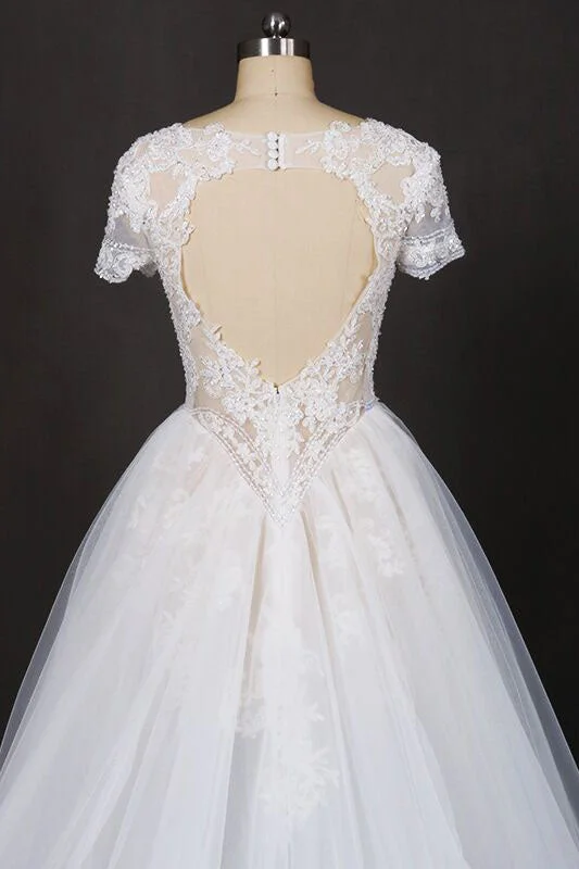 Puffy Short Sleeves Tulle Bridal Dresses with Lace Appliques Long Train Wedding Dresses N2294