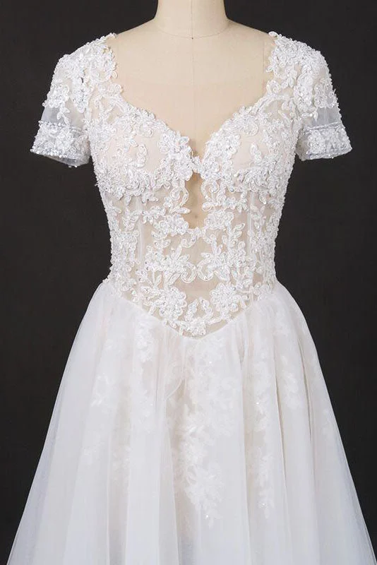 Puffy Short Sleeves Tulle Bridal Dresses with Lace Appliques Long Train Wedding Dresses N2294