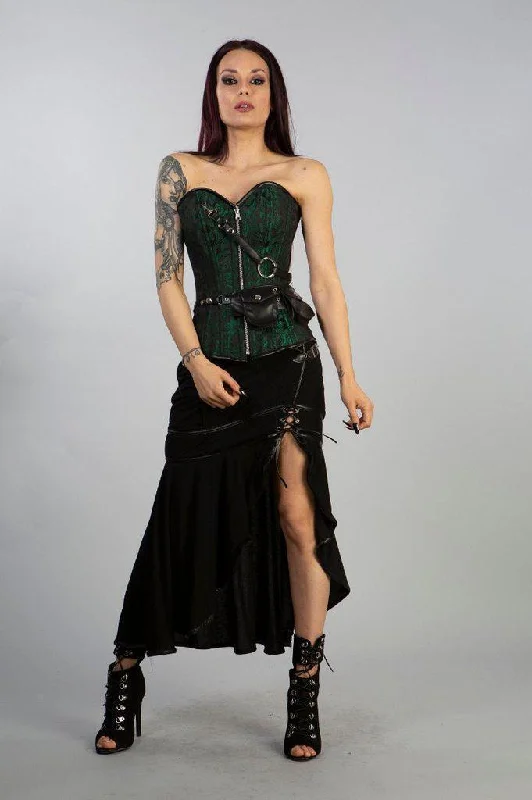 Reversible Overbust Zip Corset In Black Twill And Green Scroll