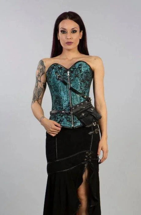 Reversible Overbust Zip Corset In Turquoise Black Jacquard And Gold King