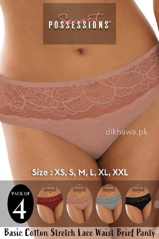 Secret Possessions Panty - Basic Cotton Stretch Lace Waist Brief Panty Pack of 4