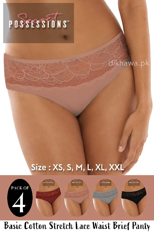 Secret Possessions Panty - Basic Cotton Stretch Lace Waist Brief Panty Pack of 4