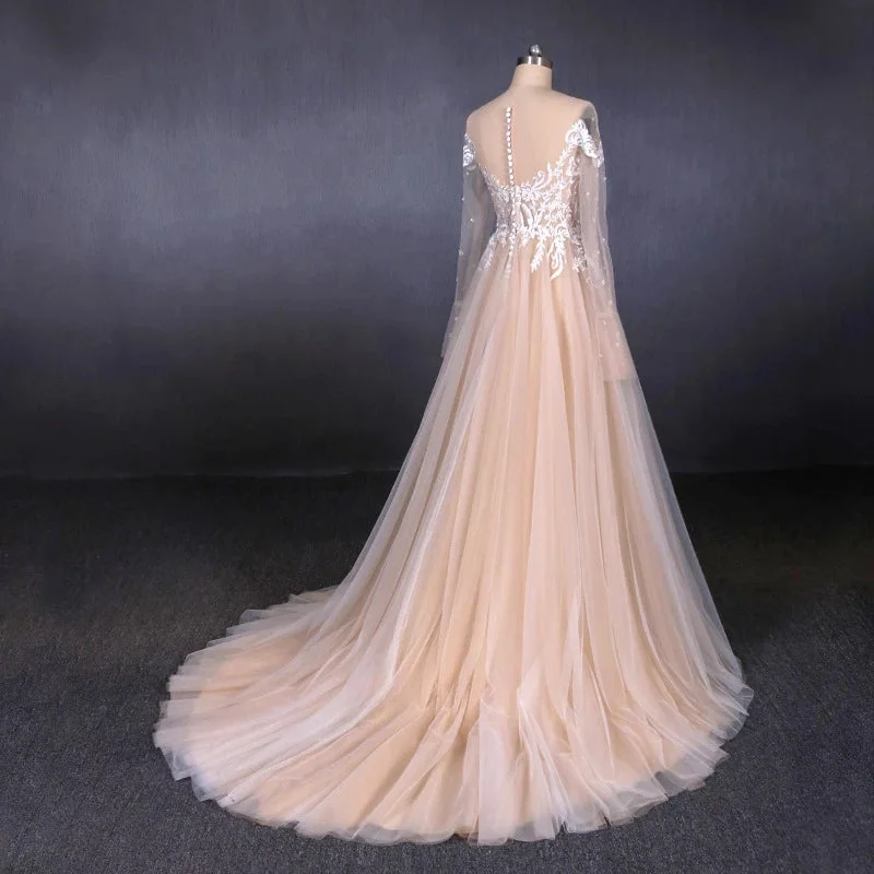 Sexy Sheer Neck Long Sleeves Tulle Wedding Dresses Charming Tulle Bridal Dresses with Lace N2307