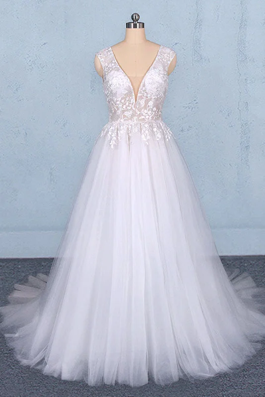 Sexy V-Neck Tulle Wedding Dresses with Lace Appliques A Line Backless Bridal Dresses N2287