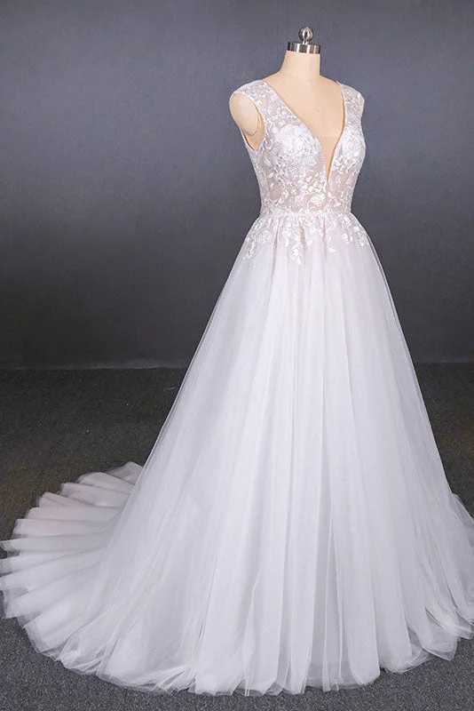 Sexy V-Neck Tulle Wedding Dresses with Lace Appliques A Line Backless Bridal Dresses N2287