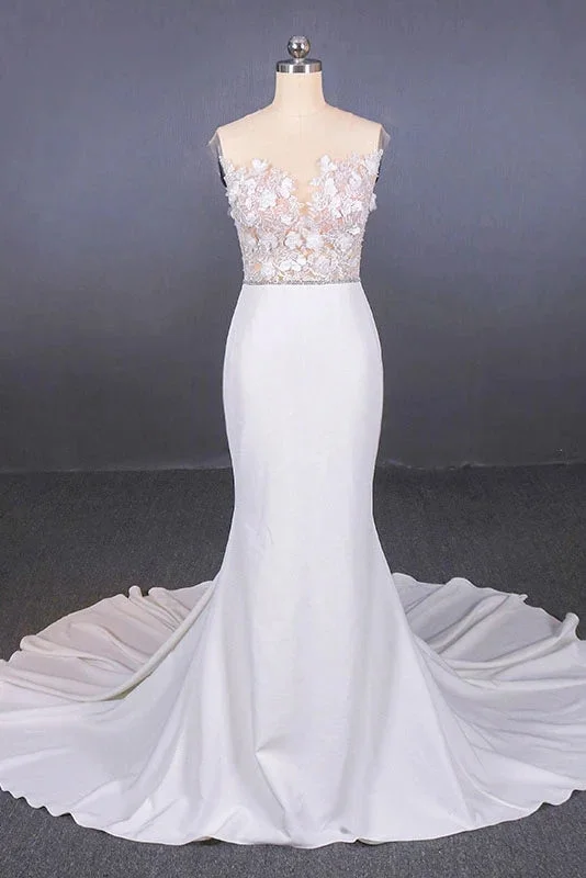 Sheer Neck Mermaid Long Wedding Dresses with Appliques Long Bridal Dresses N2304