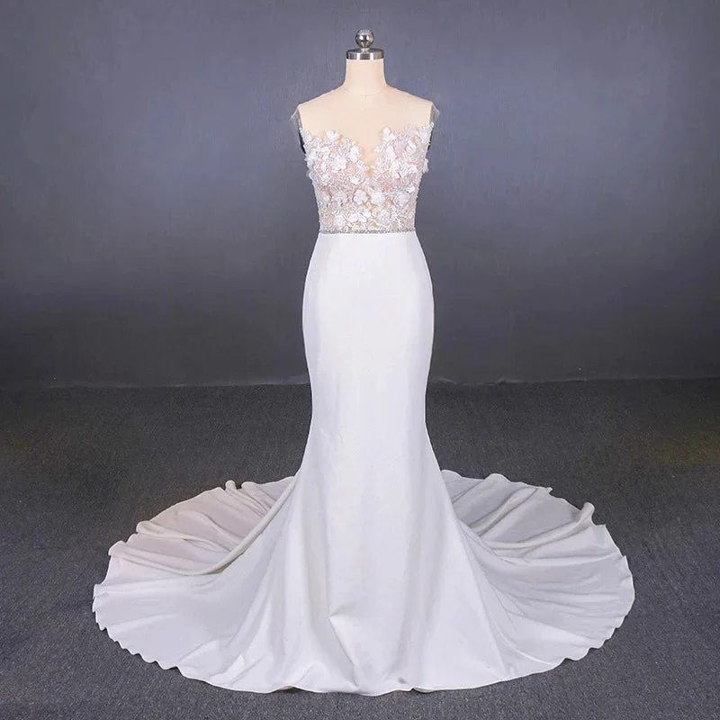 Sheer Neck Mermaid Long Wedding Dresses with Appliques Long Bridal Dresses N2304