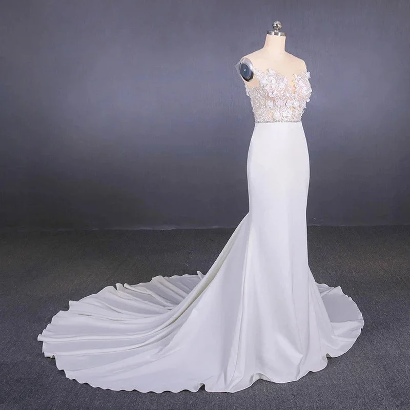 Sheer Neck Mermaid Long Wedding Dresses with Appliques Long Bridal Dresses N2304