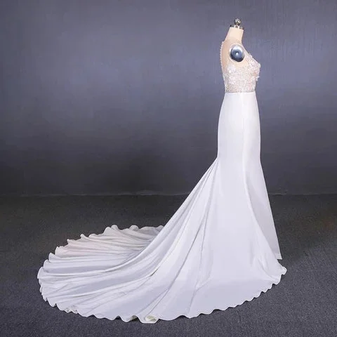 Sheer Neck Mermaid Long Wedding Dresses with Appliques Long Bridal Dresses N2304