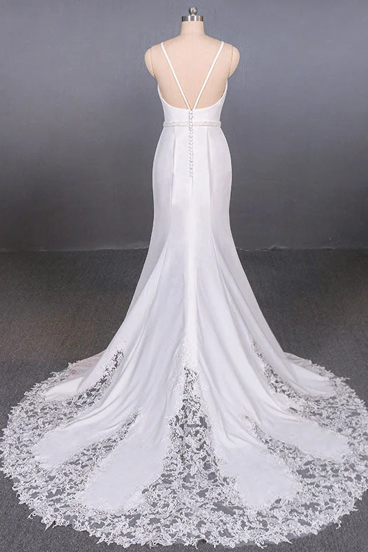 Mermaid Sleeveless Wedding Dresses with Lace Sexy Backless Bridal Dresses N2355