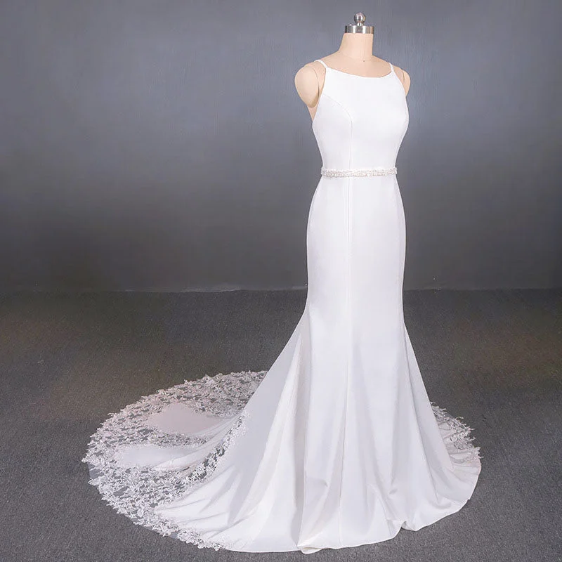 Mermaid Sleeveless Wedding Dresses with Lace Sexy Backless Bridal Dresses N2355