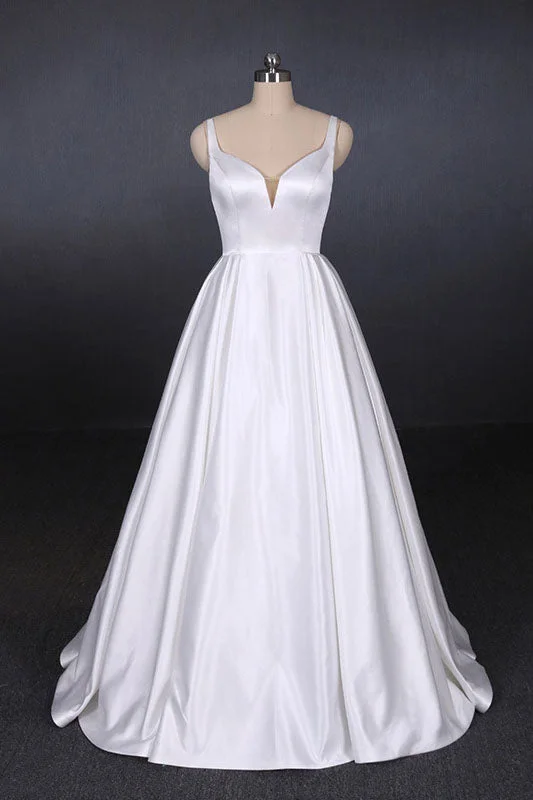 Straps White Satin Wedding Dresses Floor Length Satin Backless Bridal Dresses N2356