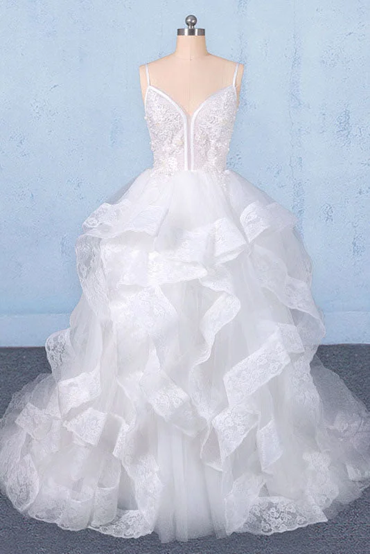 Spaghetti Straps Floor Length Tulle Wedding Dresses with Ruffles Long Bridal Dresses N2347