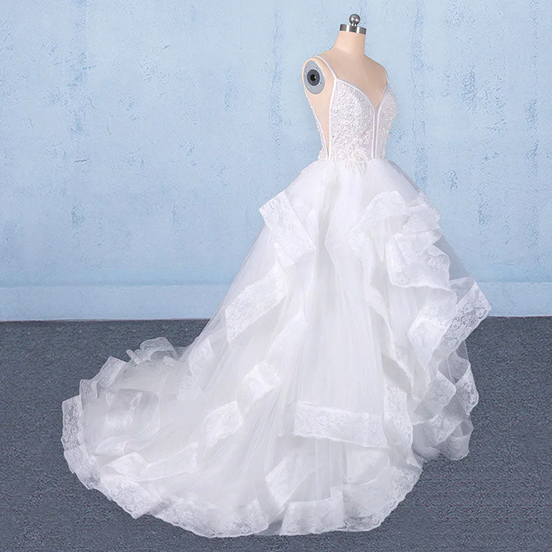 Spaghetti Straps Floor Length Tulle Wedding Dresses with Ruffles Long Bridal Dresses N2347