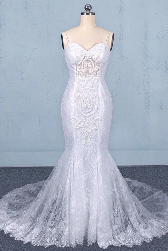 Spaghetti Straps Mermaid Bridal Dresses with Appliques Lace Beach Wedding Dresses N2295