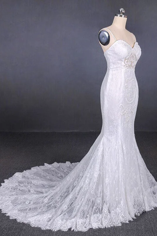 Spaghetti Straps Mermaid Bridal Dresses with Appliques Lace Beach Wedding Dresses N2295