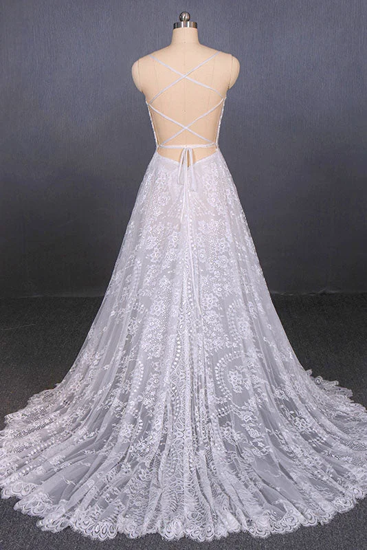 Spaghetti Straps Sweetheart Lace Wedding Dresses Lace Bridal Dresses with Long Train N2284