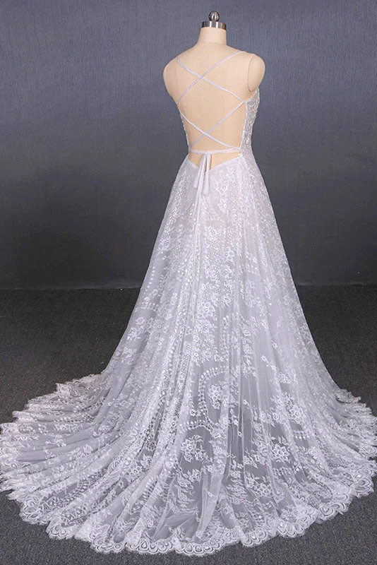 Spaghetti Straps Sweetheart Lace Wedding Dresses Lace Bridal Dresses with Long Train N2284