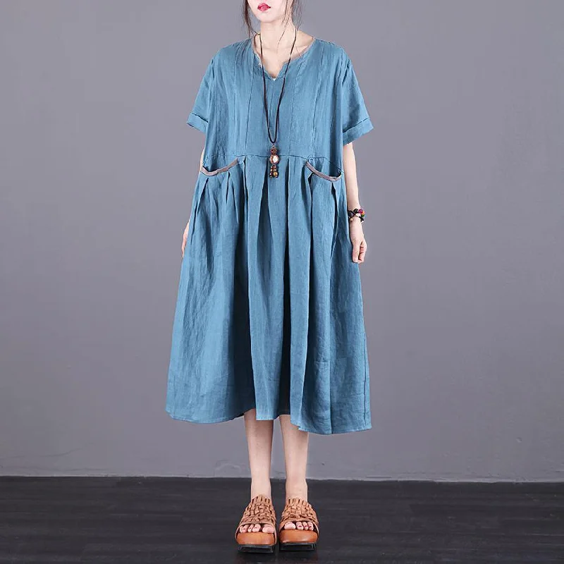 Style blue linen dresses v neck pockets Maxi summer Dress