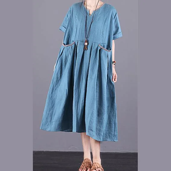 Style blue linen dresses v neck pockets Maxi summer Dress