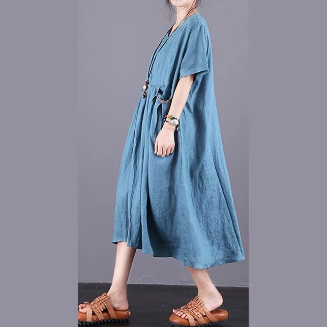 Style blue linen dresses v neck pockets Maxi summer Dress