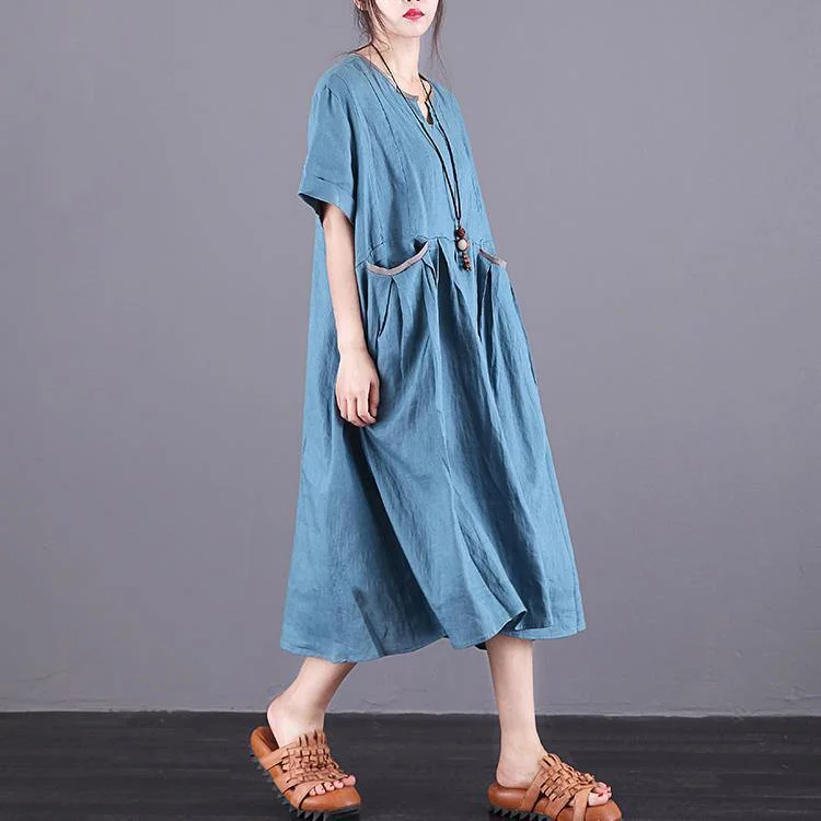 Style blue linen dresses v neck pockets Maxi summer Dress