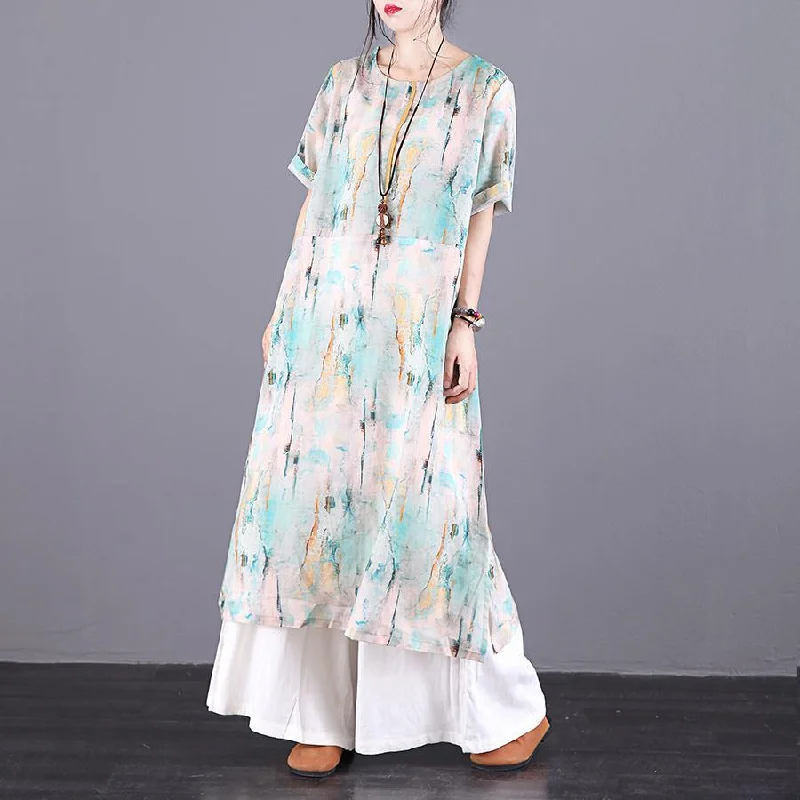 Style o neck patchwork linen Long Catwalk green print Dress summer