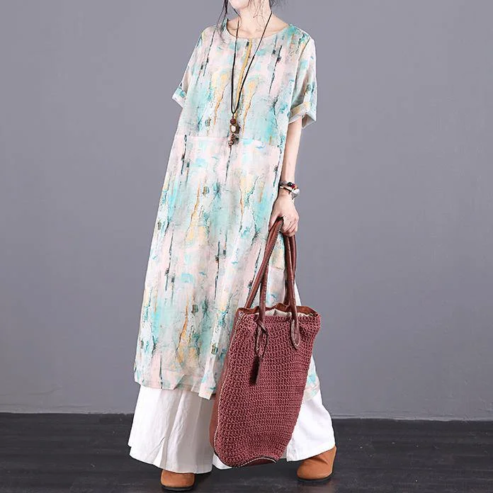 Style o neck patchwork linen Long Catwalk green print Dress summer