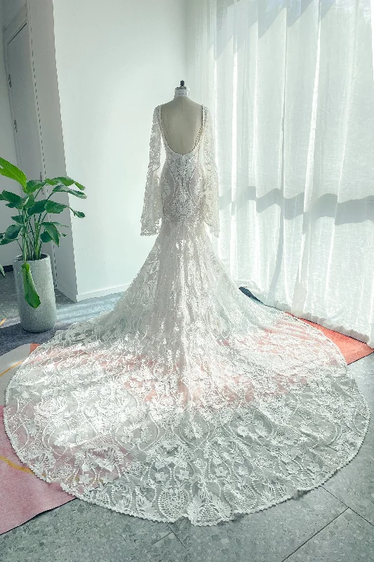 Trumpet-Mermaid Chapel Train Lace Tulle Wedding Dress CW3146