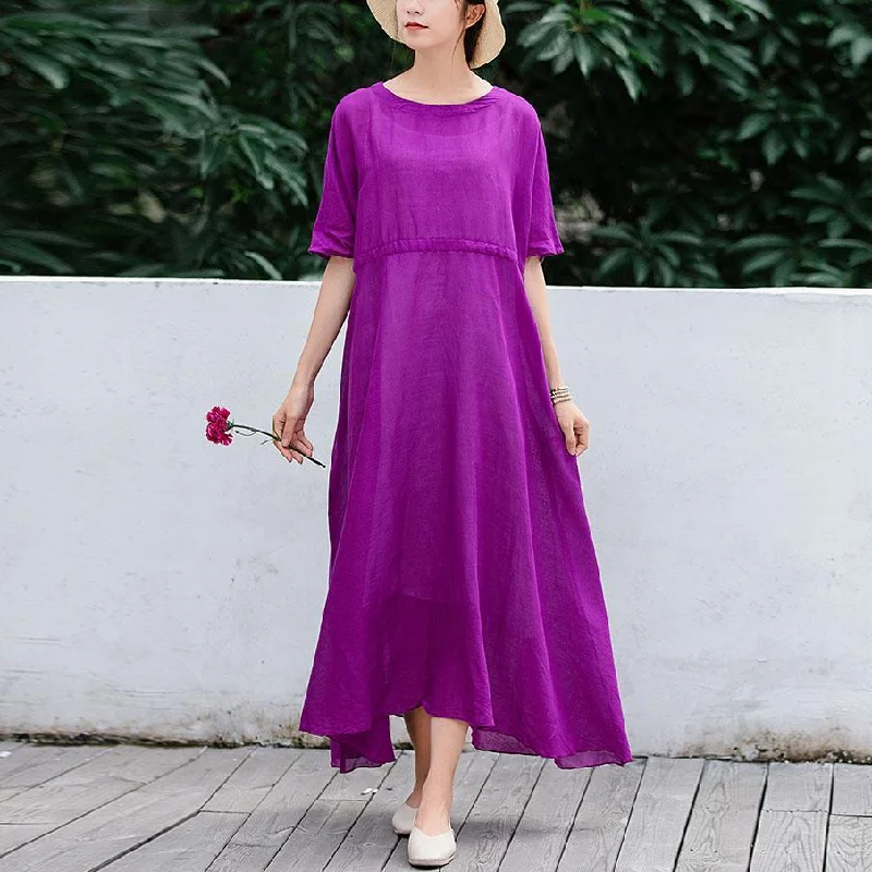 Unique half sleeve linen outfit Cotton purple high waist Dress summer