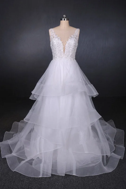 Unique V-Neck Sleeveless Tulle Wedding Dresses Asymmetrical Long Bridal Dresses N2290