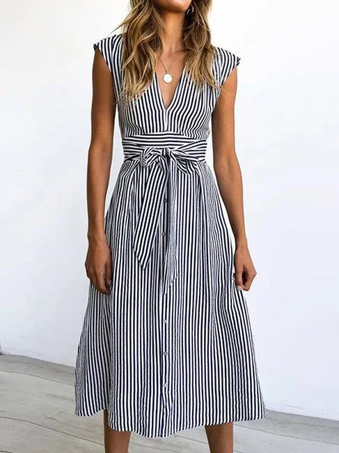 V-neck Button Printed Striped Short-sleeved Dress